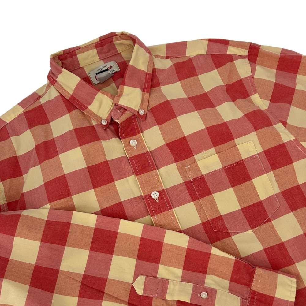 Lands End Canvas Mens Large Red Cream Buffalo Check Plaid Button Down Shirt
